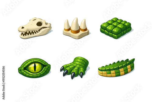 CrocodileAnatomy. Isometric flat vector icons set of CrocodileAnatomy: crocodile skull, crocodile teeth, crocodile scales, crocodile eye, crocodile claw,