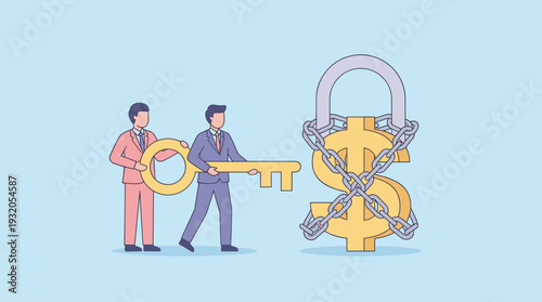 Two businessmen carrying a large golden key to unlock a dollar sign wrapped in chains and a padlock, representing financial freedom, wealth management, and business success strategy vector.