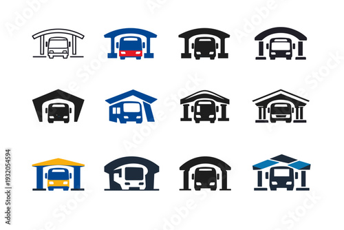 Transportation hubs. Icon set. Set Logo of hub: bus station. harmonious logo variations of the same emblematic concept, each with different artistic