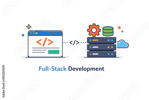 Full stack development skills built during an immersive bootcamp journey. A balanced composition of front-end browser window and back-end server