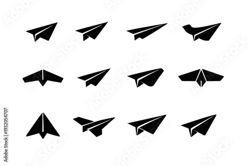 Paper Plane Types. Solid icon set of Paper Plane Types: simple paper plane, speed paper plane, long-distance paper plane, stunt paper plane, wide-wing paper