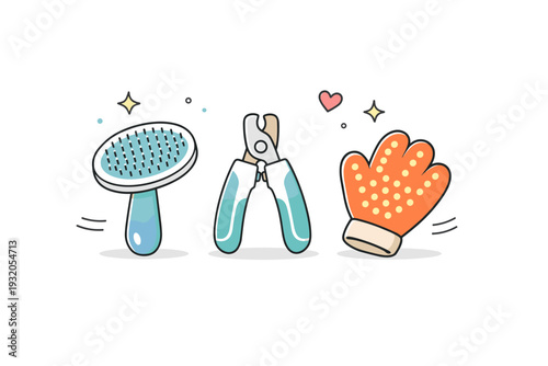Cat grooming accessories. A tidy scene showing a brush, nail clippers and grooming glove arranged in balance. Calm hygiene routine and gentle maintenance, with