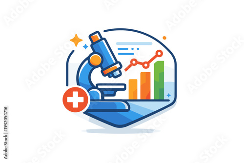 Medical diagnostics shown as a compact healthcare badge with a microscope, data dots, and subtle sparkles, expressing scientific accuracy and professional