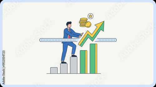 Surpassing Business Target Concept with Record Breaking Sales and Earning Exceeding Expectation, Businessman Climbing Bar Chart and Pushing Upward Growth Arrow for Financial Success Illustration.