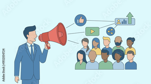 Social Media Marketing and Digital Communication Concept with a Businessman Using a Megaphone to Reach a Diverse Audience, Promoting Growth, Engagement, and Online Advertising Strategies