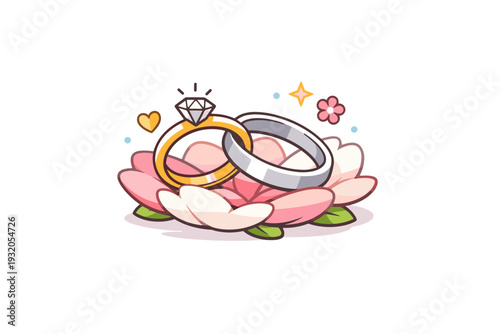 Spring Wedding rings delicate pairing of wedding bands resting on soft petals with subtle sparkles, representing commitment, love, and the fresh energy of