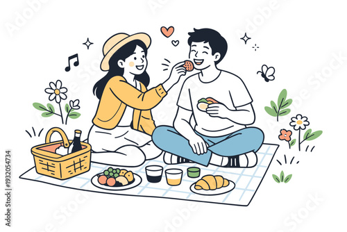 Spring picnic date. A couple sitting on a blanket with a small picnic, sharing food and laughter, surrounded by fresh greenery and flowers. Cozy and
