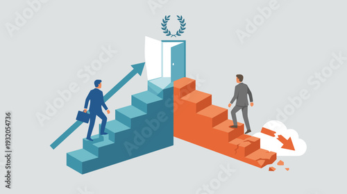 Conceptual illustration of career paths with businessmen on stairs representing success and failure. One climbs solid steps to a goal, while the other faces crumbling stairs and a decline.