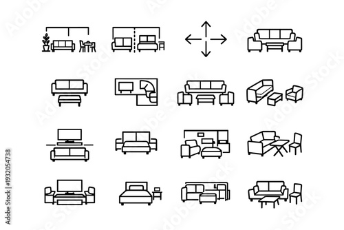 Functional room layout. Line icon set of Functional room layout: open space plan, furniture zoning, traffic flow arrows, balanced layout, centered furniture,