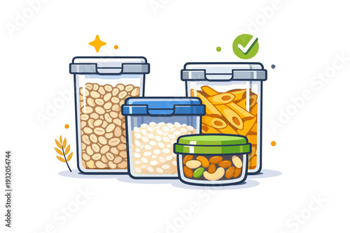 Bulk food storage solution represented by airtight containers filled with grains and snacks arranged in a compact cluster expressing freshness efficiency and