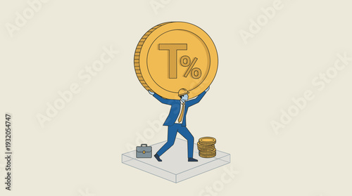 Businessman in a Suit and Hardhat Carrying a Giant Gold Coin with a Tax Symbol on His Back, Representing the Heavy Tax Burden, Financial Responsibility, and Economic Pressure on Professionals.