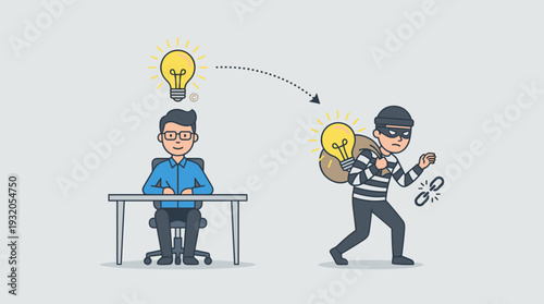 Vector Illustration of a Thief Stealing a Glowing Light Bulb Idea from a Creative Professional Sitting at a Desk, Symbolizing Plagiarism, Intellectual Property Theft, and Copyright Infringement.