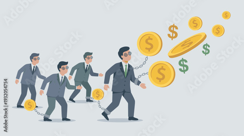 Hypnotized Businessmen Chained to Gold Coins as Financial Slaves Concept Illustration of Corporate Greed Money Addiction and Economic Control with People Following Floating Dollar Signs