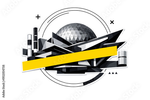 A black and white futuristic dome structure merged with angular architectural shapes, surrounded by thin concentric circles and abstract cylindrical elements,