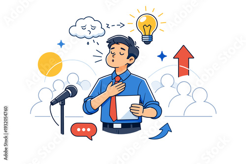 Overcoming stage fright. Character taking a deep breath before speaking, small nervous cloud transforming into bright lightbulb above the head. Minimal