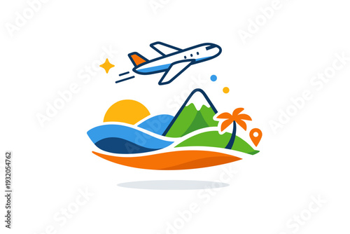 Travel adventure focused on movement and freedom with a small airplane icon flying above abstract landscape shapes, symbolizing global travel and new horizons.