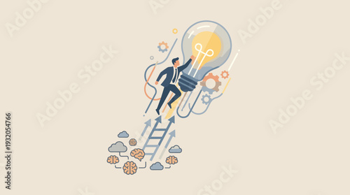 Businessman rising up high with a giant glowing light bulb metaphor for innovation, creative thinking, and business success. Concept of career growth, professional development, and smart ideas.