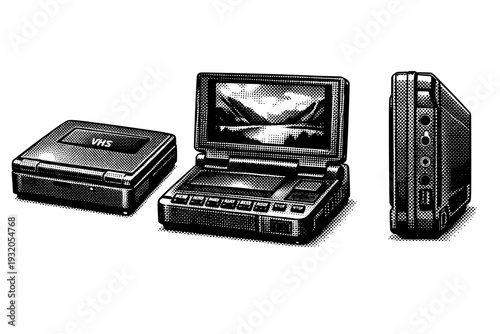 VHS Player ? Portable VHS player shown folded closed, open with screen visible, and side profile view, represented as a single object set. Black and white dot