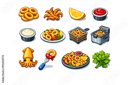 Fried Calamari. Colorful isometric vector icons set of Fried Calamari: fried calamari rings, calamari tentacles, lemon wedge, marinara sauce cup, aioli sauce