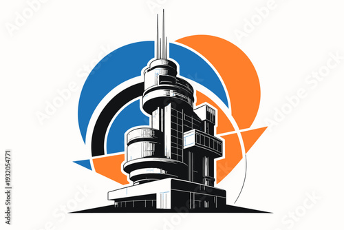 A black and white retro-style architectural structure resembling a futuristic tower, composed of stacked cylinders and geometric blocks, intersected by bold