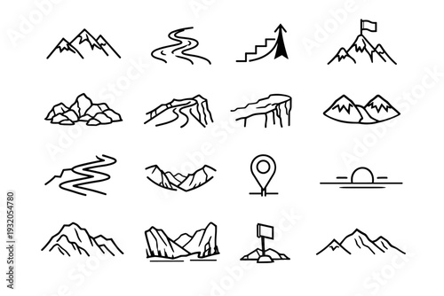 Mountain Hiking. Line icon set of Mountain Hiking: mountain peaks, winding trail, elevation gain arrow, summit flag, rocky terrain, hiking ridge, cliff edge,