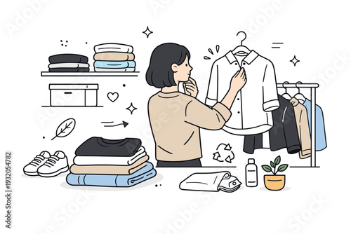 Underconsumption core wardrobe. Person choosing from a small capsule wardrobe, neatly folded clothes and neutral tones creating a sense of order. Scene