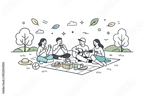 Picnic in the park. A small group enjoying a picnic on a lush green field, surrounded by trees and gentle hills. Relaxed, joyful outdoor mood with abstract