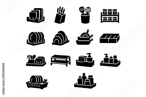 Kitchen organizers. Solid icon set of Kitchen organizers: cutting board slot, knife block, utensil holder, spice rack, plate rack, pot lid holder,