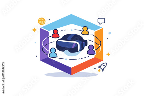 Metaverse conference environment bringing global participants into one interactive room. A stylized 3D cube space with tiny avatar silhouettes orbiting a