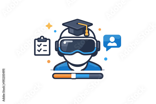 Immersive training meeting in virtual reality simulating realistic scenarios for skill development. A VR headset with a small graduation cap and subtle