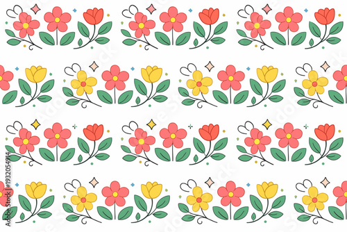 Floral pattern built around a repeating arrangement of simple flowers and leaves, creating a sense of rhythm, harmony, and natural elegance. A calm and