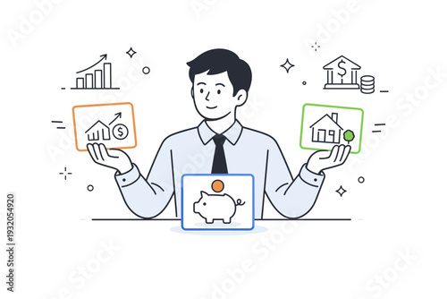 Diversified investment portfolio. Professional calmly balancing different asset icons in separate cards, thoughtful decision-making and risk management in
