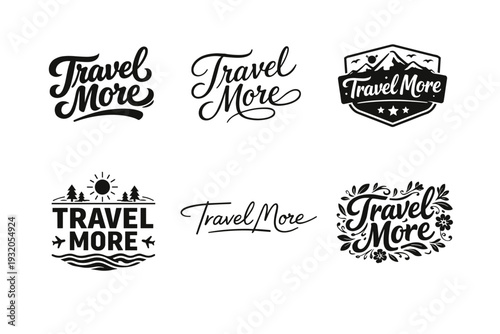 Travel More. Set lettering. harmonious lettering variations of the same emblematic concept, each with different artistic interpretation (Bold hand-lettering