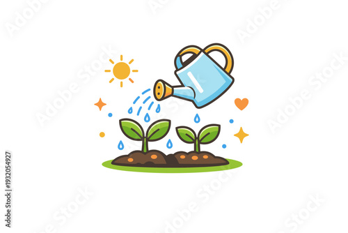 Spring gardening daily care captured through a small scene with a watering can pouring water onto young plants, expressing renewal, patience and mindful