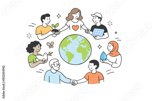Global environmental unity. A minimal scene showing diverse people connected around the Earth, holding hands or symbols of care. The illustration feels warm,
