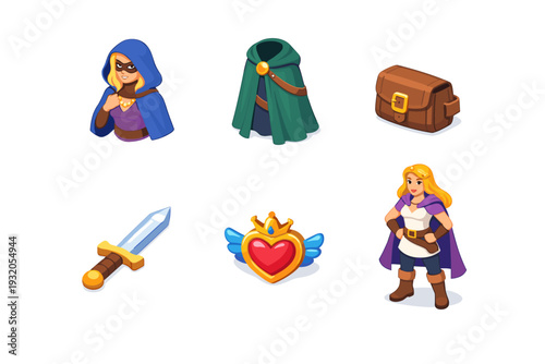 FantasyHeroine. Isometric flat vector icons set of fantasy heroine: disguised princess hero, travel cloak outfit, leather belt pouch, simple sword accessory,