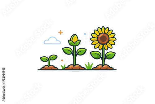 Sunflowers seasonal mood captured by a sunflower sprout growing into bloom in a compact scene, symbolizing growth, optimism, and natural life cycles.