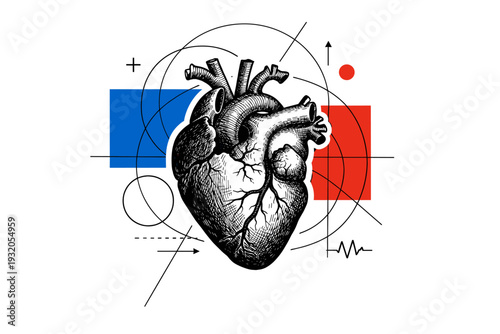 A black and white vintage anatomical heart illustration combined with abstract geometric circles and thin intersecting lines, bold blue and red flat blocks