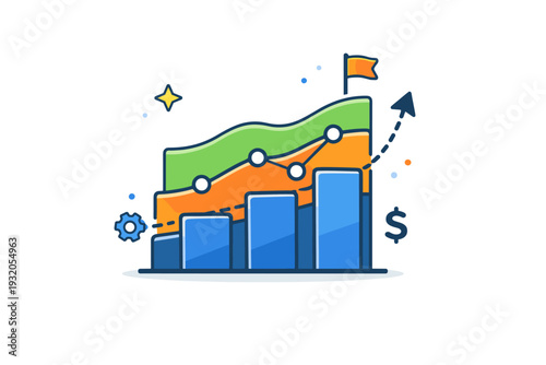 Scalable startup success depicted by layered charts expanding upward with subtle arrows and nodes to represent sustainable long term growth. The
