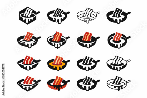 Bacon fat on a pan. Icon set. Set Logo of bacon fat on a pan: bacon strip melting fat. harmonious logo variations of the same emblematic concept, each with