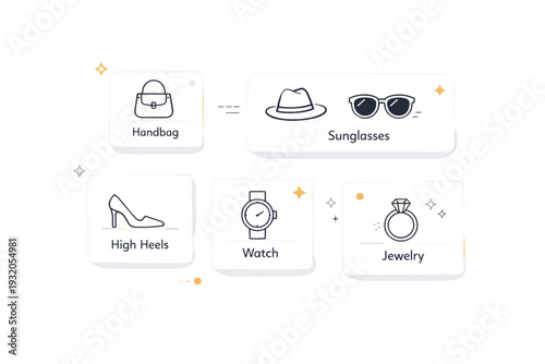 Minimal fashion UI icons. A clean editorial scene showing fashion accessory icons used inside simple interface cards or labels. The atmosphere is practical and