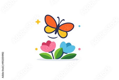 Butterflies gentle motion expressed through a single butterfly hovering above soft floral shapes, conveying lightness, transformation and calm natural beauty.