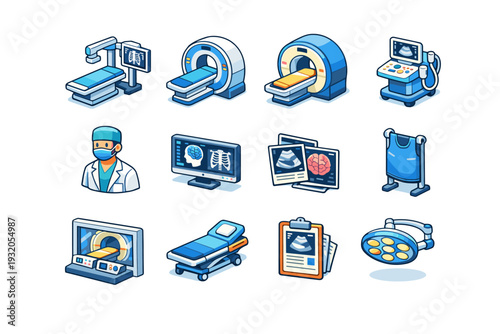 Radiology. Colorful isometric vector icons set of Radiology: x-ray machine, CT scanner, MRI scanner, ultrasound device, radiologist doctor, monitor screen,