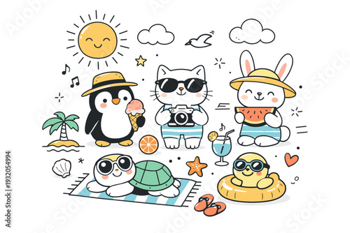 Cute summer animals concept. An abstract editorial composition combining animal characters, sun, clouds, and summer icons in a clean layout. The illustration