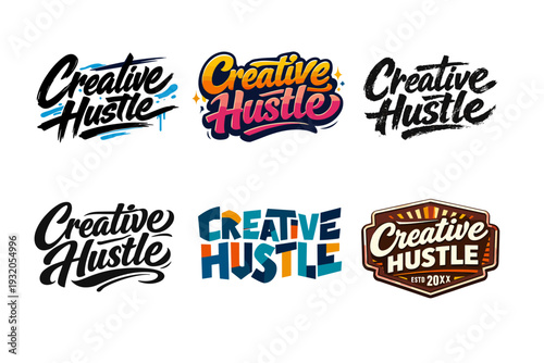 Creative Hustle. Set lettering. harmonious lettering variations of the same emblematic concept, each with different artistic interpretation (Dynamic