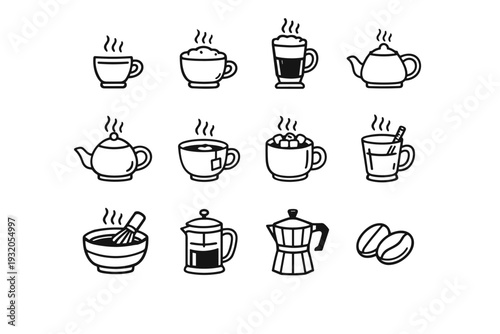 Hot Beverages. Line icon set of Hot Beverages: espresso cup, cappuccino cup, latte glass, tea kettle, teapot, herbal tea cup, hot cocoa mug, chai tea, matcha