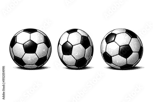 Soccer ball sports equipment object shown in front, side, and three-quarter views within one composition, accurately depicting stitched panel geometry and
