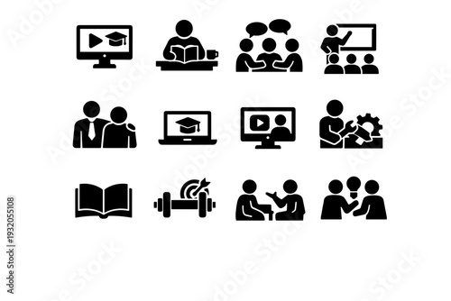 Learning Methods. Solid icon set of Learning Methods: e-learning screen, self study, group discussion, workshop training, mentorship, online course, video