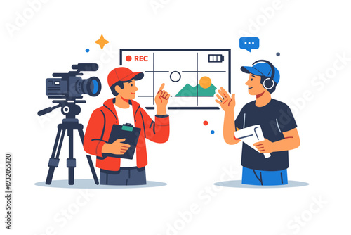 Film director and cinematographer discussing shot composition on set while standing beside a camera on tripod and a framed viewfinder overlay highlighting