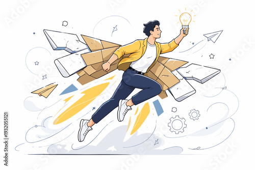 Think outside the box innovation. Broken box pieces forming wings or a rocket shape behind a person. Bold vision, movement, and breakthrough thinking expressed